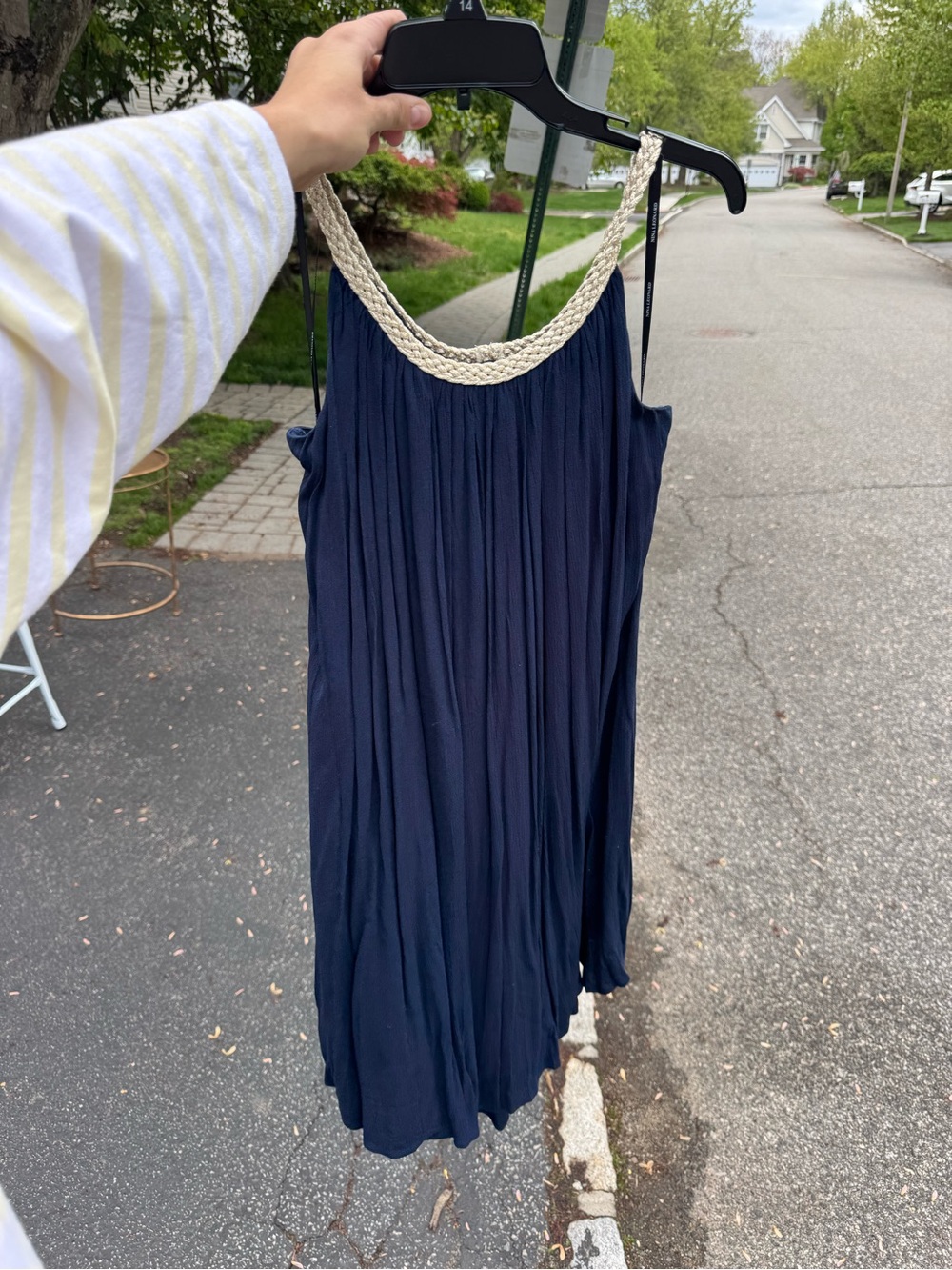 Nina Leonard flowy navy dress with gold trim